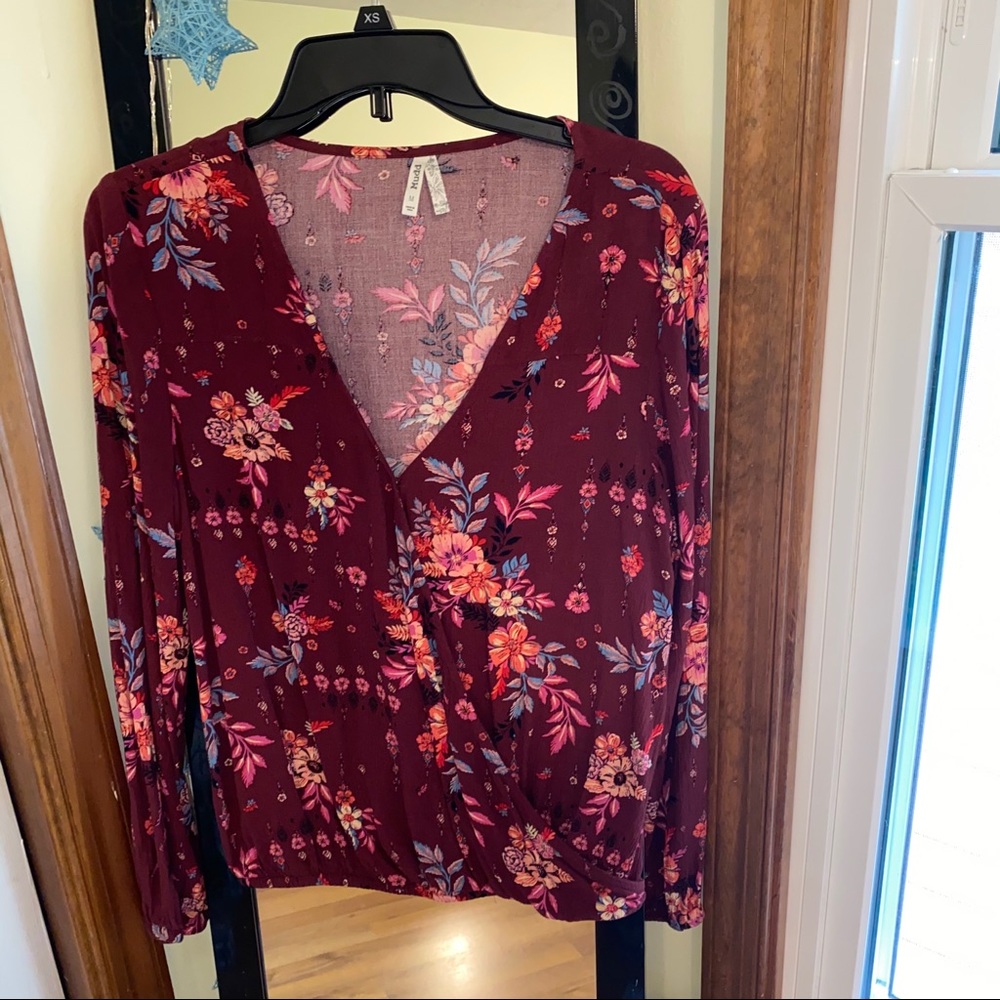 Red floral button front shirt